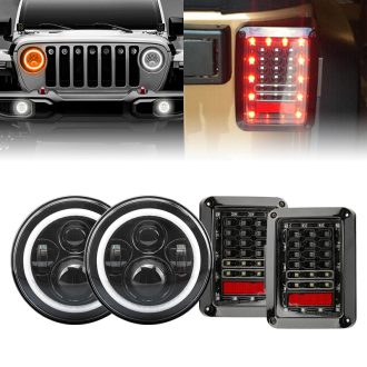 7" LED Headlight with Halo DRL and Turn Signal Lights & Clear Tail Light Combo