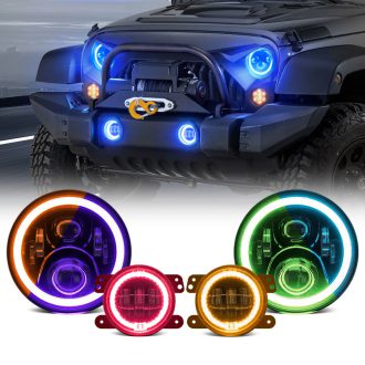 LED RGB Color Changing Halo Headlights with Amber Turn Signal + Fog Light Kit Combo For 2007-2018 Jeep Wrangler JK