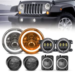 JK LED Bundle | 7" 80W Headlights with DRL and Turn Signals, 4" Halo Fog Lights, Front & Fender Turn Signals