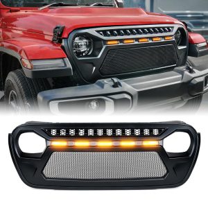 USA ONLY Black Gladiator Mesh Grille with Amber LED Running Lights for 2018-Later Jeep Wrangler JL and Gladiator JT