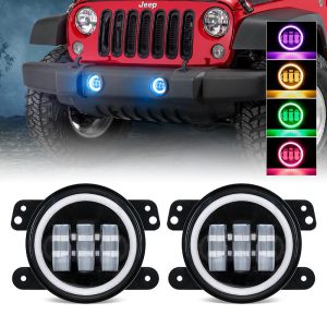 Bluetooth 4" CREE LED Fog Lights with RGB Halo Angle Eye For Jeep JK/JL/JT