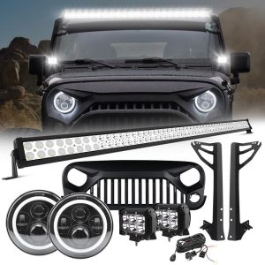 Jeep JK Light Bar Kit - Mega Bundle, Halo Headlights, Light Bar, Pod, Vader Grille