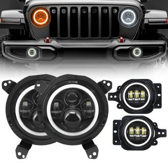 LED Halo Headlights with Turn Signals + 9'' Headlight Bracket & LED Halo Fog Lights For 2018+ Jeep Wrangler JL And Gladiator JT