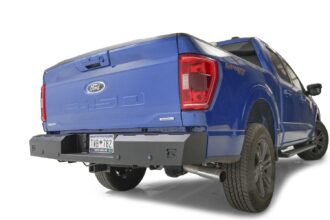 Red Steel Rear Bumper; Logo Cut-Out; 11 Gauge Steel; Sensor Compatible; Black Powder Coat; 75 lbs. Weight;