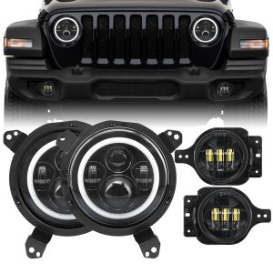 80W Halo Headlights with DRL and Turn Signal Lights + Headlight Bracket & 4'' LED Fog Lights For 2018-2020 Jeep Wrangler JL/Jeep Gladiator JT Sport