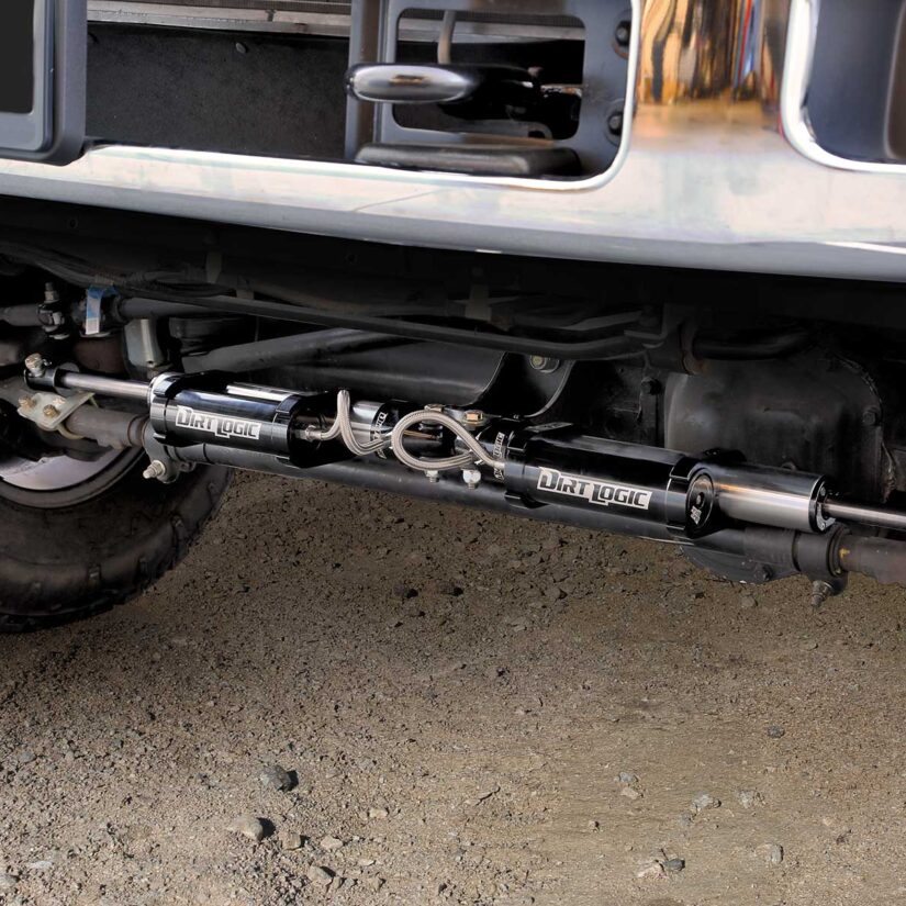 Dual Dirt Logic 2.25 Stainless Steel Steering Stabilizer Kit; w/Reservoir; Heavy Duty Mounting Brackets;
