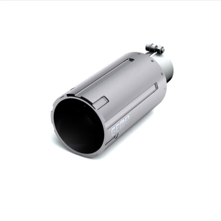 GEM Billet Exhaust Tip; 3.5 in. Inlet/5 in. Outlet x 12 in. Length; Billet Aluminum And 304 Stainless Steel; BARREL Cut; Chrome Finish;