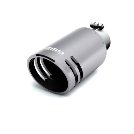 GEM Billet Exhaust Tip; 3.5 in. Inlet/5 in. Outlet x 12 in. Length; Billet Aluminum And 304 Stainless Steel; SILENCER Cut; Chrome Finish;