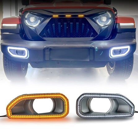 Front Bumper Fog Light Covers with Day Running Lights and Turn Signals for Jeep Wrangler JL and Gladiator JT