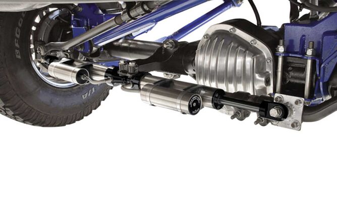 Dual Dirt Logic 2.25 Stainless Steel Steering Stabilizer Kit; w/Reservoir; Heavy Duty Mounting Brackets;